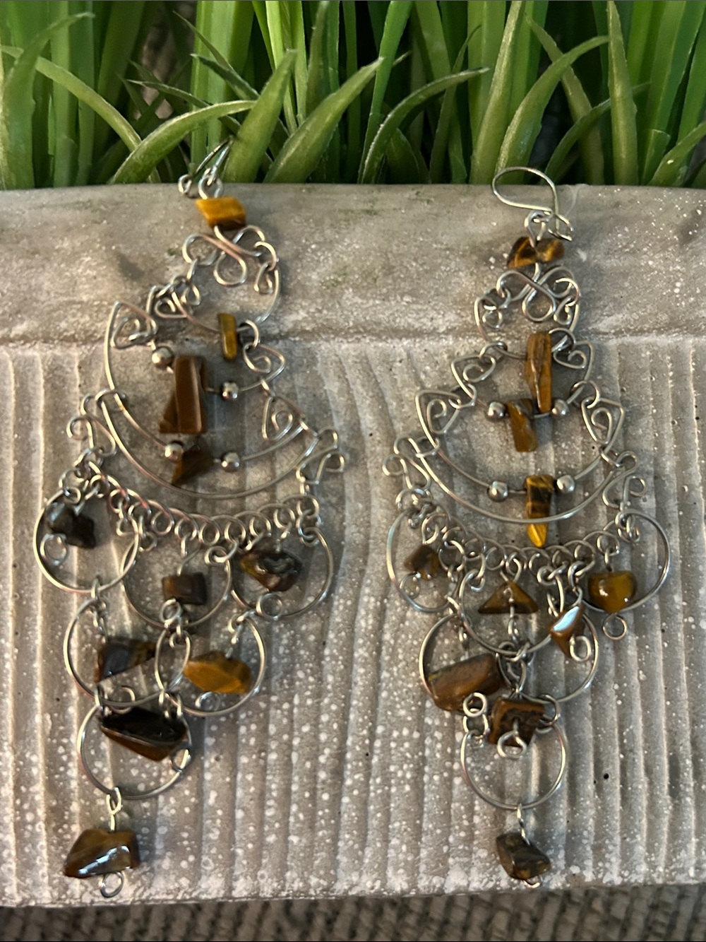 Tiger Eye Silver-Tone Chandelier Earrings - Brown
